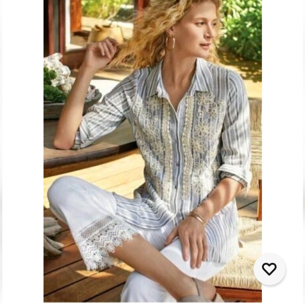 Soft Surroundings PS Top Nautical Striped Sequin Cotton Perla Beaded Embroidered